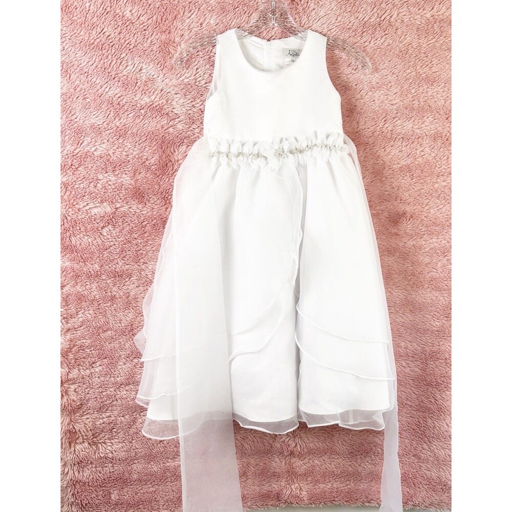 US ANGELS WHITE ORGANZA DRESS W/ FLOWER & BEADS! GIRLS 7 Wedding, Communion